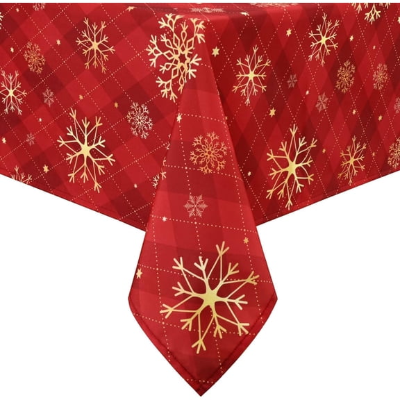 Christmas Tablecloth 60 X 120 Inch, Gold Snowflake for Winter, Red Buffalo Plaid, Waterproof Cover for Kitchen, Dining, Holiday