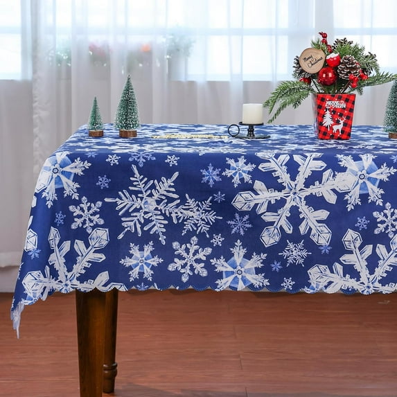 Christmas Tablecloth 60 x 60 Inch Square, Christmas Decorations for Home Snowflake Decorations Blue Christmas Table Cloth Seasonal Winter Holiday Scallop Edge Table Cover Party Table Decorations