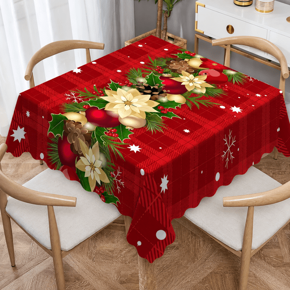 Christmas Tablecloth 60 x 60 Inch Square, Red Plaid Holiday Table Cover with Poinsettia Pinecone Holly Snowflake Design for Dining Parties