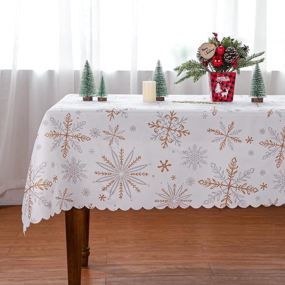 Christmas Tablecloth 60 x 84 Inch, Christmas Decorations for Home Snowflake Decorations White Gold Christmas Table Cloth Seasonal Winter Holiday Scallop Edge Table Cover Party Table Decorations