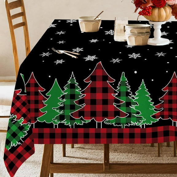 Christmas Tablecloth 60 x 84 Inch, Christmas Trees Table Cloth Rectangular, Black Buffalo Plaid Oblong Winter Xmas and Snowflake Tablecloths for Kitchen Dining Decor