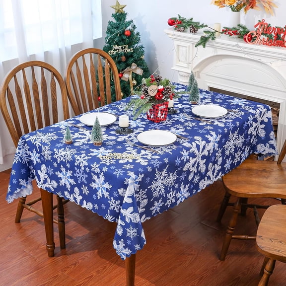 Christmas Tablecloth 60 x 84 Inch Rectangular, Christmas Decorations for Home Snowflake Decorations Blue Christmas Table Cloth Seasonal Winter Holiday Scallop Edge Table Cover Party Table Decorations