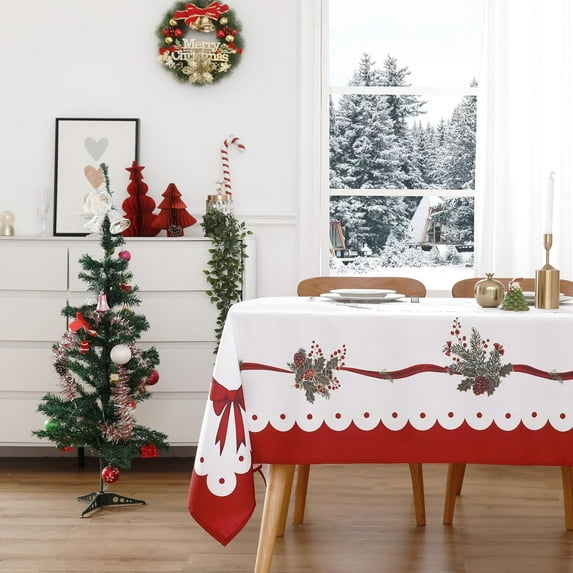 Christmas Tablecloth 60"x120" Water Resistant Polyester Table Cloth with Ribbon Print Ideal for Indoor Dining Holiday Décor