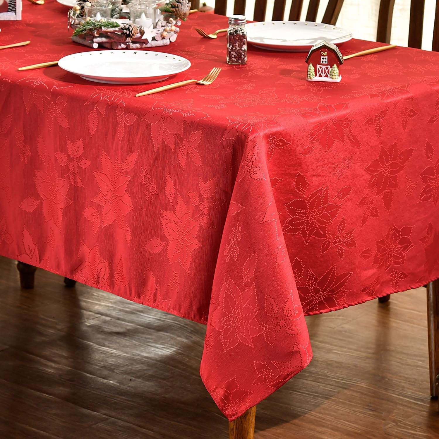 Red Jacquard Poinsettia Holiday Tablecloth, 60" x 102"