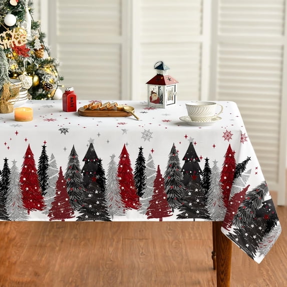Christmas Tablecloth 60x104 Inch Rectangular, Christmas Trees Red Black Washable Seasonal Table Cover for Party Picnic Dinner Decor
