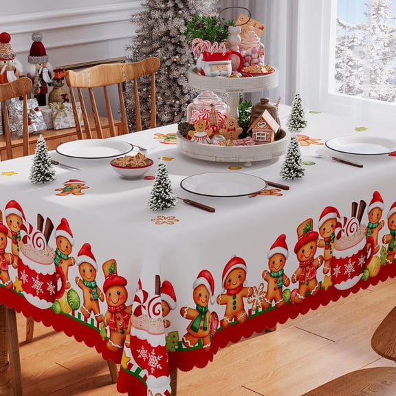 Christmas Tablecloth 60x60 Inch Square, Washable Gingerbread Merry Christmas Waterproof Table Cover Seasonal Winter Holiday Scallop Edge Dining Table Cloth Home Party Decorations