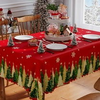 Christmas Tablecloth 60x84 Inch Rectangle, Red Merry Christmas Trees Washable Table Cover Waterproof Seasonal Winter Scalloped Edge Dining Table Cloth Home Party Decor