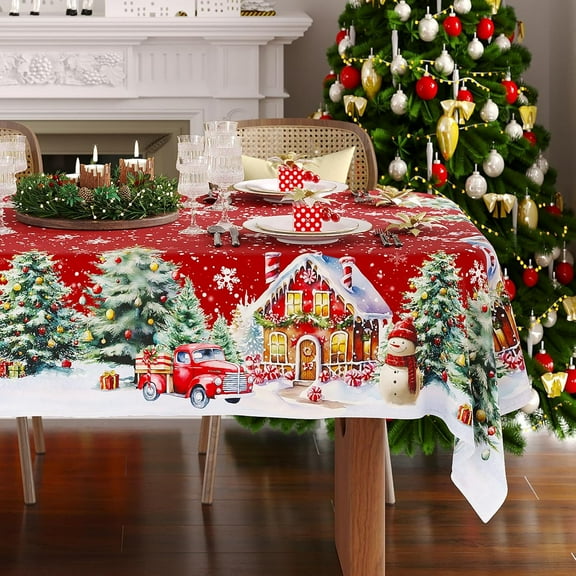 Christmas Tablecloth 60x84 Inch Rectangle, Red Snowman Car and House Snow Scene Table Cloth, Holiday Winter Village Rectangular Table Cover, Waterproof and Washable Xmas Party Decoration