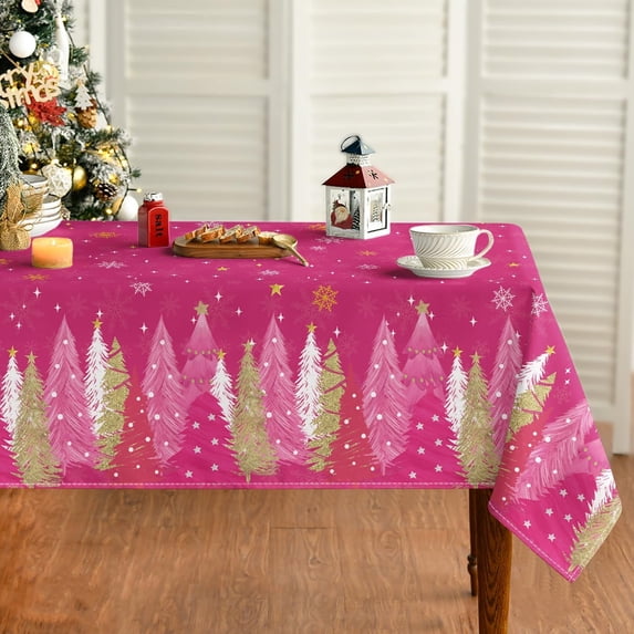 Christmas Tablecloth 60x84 Inch Rectangular, Christmas Trees Pink Washable Seasonal Table Cover for Party Picnic Dinner Decor