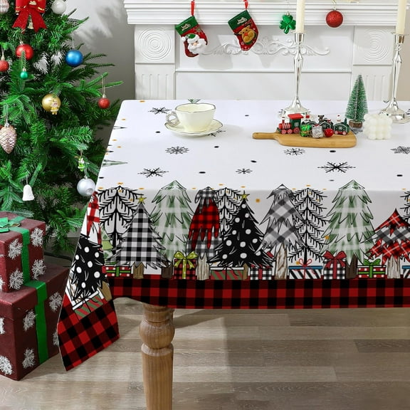 Christmas Tablecloth 60x84 Inches for Rectangle Tables - Christmas Tree Decor for Table - Water Resistant Plaid Xmas Table Cloth, Red Chrismtas Party Decorations for Kitchen, Home