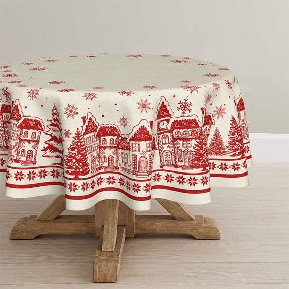 Christmas Tablecloth 70×70 Inch Round, Beige Snow House Pine Trees Washable Table Cover for Party Picnic Dinner Decor