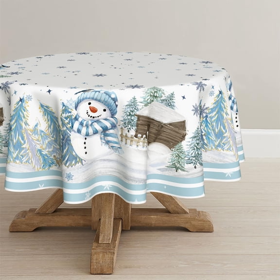 Christmas Tablecloth 70×70 Inch Round, Blue Snowman Pine Snow Washable Table Cover for Party Picnic Dinner Decor