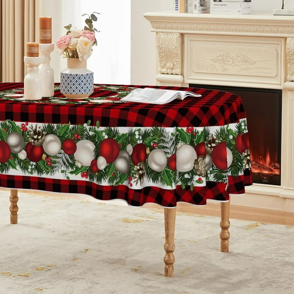 Christmas Tablecloth 70×70 Inch Round, Christmas Ball Ornaments Red Bufalo Plaid Washable Table Cover for Party Picnic Dinner Decor