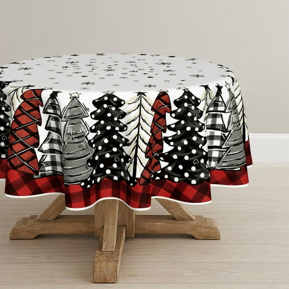 Christmas Tablecloth 70×70 Inch Round, Christmas Trees Buffalo Plaid Red Washable Table Cover for Party Picnic Dinner Decor