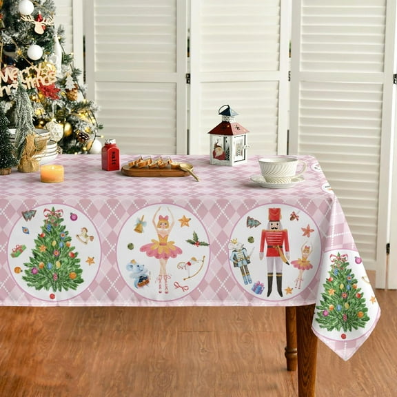 Christmas Tablecloth 70×70 Inch Round, Nutcracker Pink Buffalo Plaid Washable Table Cover for Party Picnic Dinner Decor