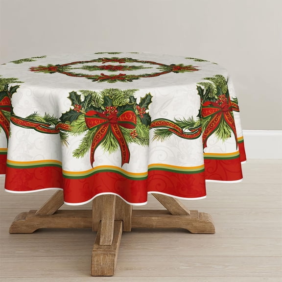 Christmas Tablecloth 70×70 Inch Round, Poinsettia Golden Ribbon Washable Table Cover for Party Picnic Dinner Decor