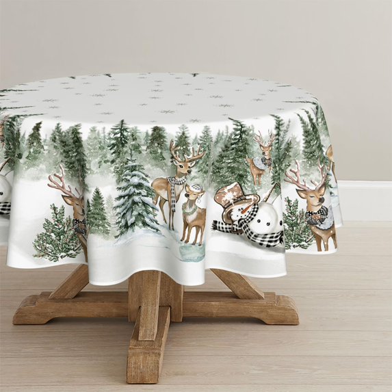 Christmas Tablecloth 90×90 Inch Round, Deers Snowman Trees White Washable Table Cover for Party Picnic Dinner Decor