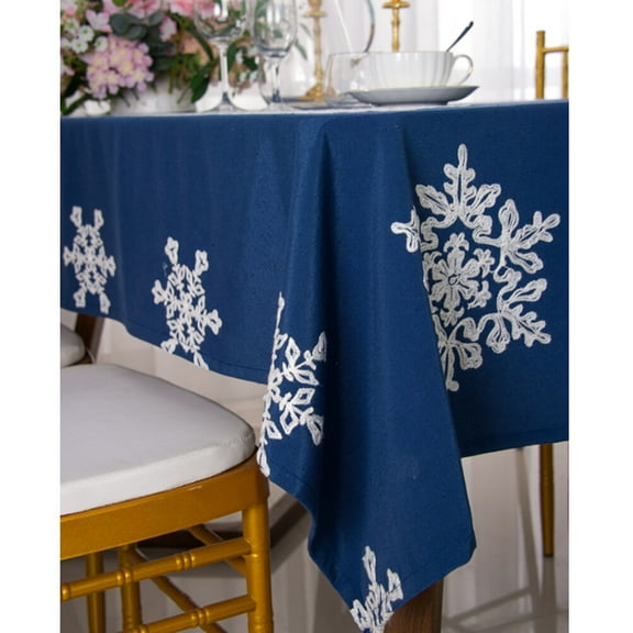 Christmas Tablecloth Blue Snowflake Table Cover Xmas Linen Embroidery Table Decor for Christmas Party Home Restaurant Dining Table Cloth Decor 60x60
