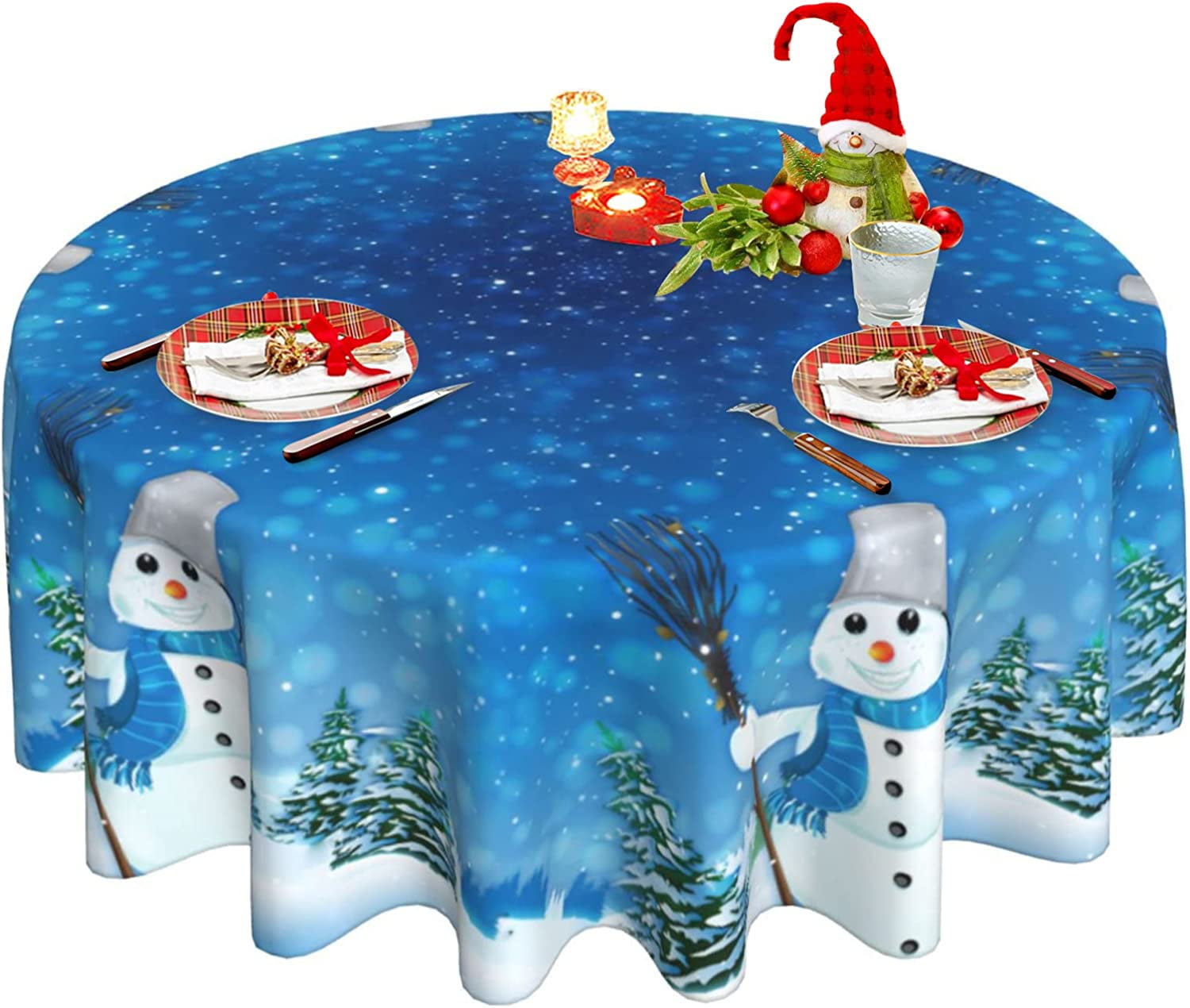 Christmas Tablecloth Blue Snowman Round Tablecloth 60 Inch With Xmas
