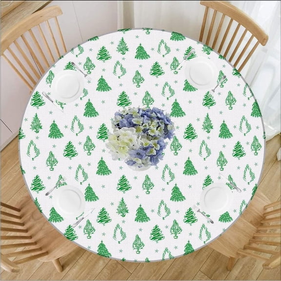 Christmas Tablecloth, Christmas Elastic Edge Design Polyester Table Pad, Hand Draw Green fir Trees and Stars, Fits Round Table 44" Diameter, for Indoor/Outdoor Use, Multicolor