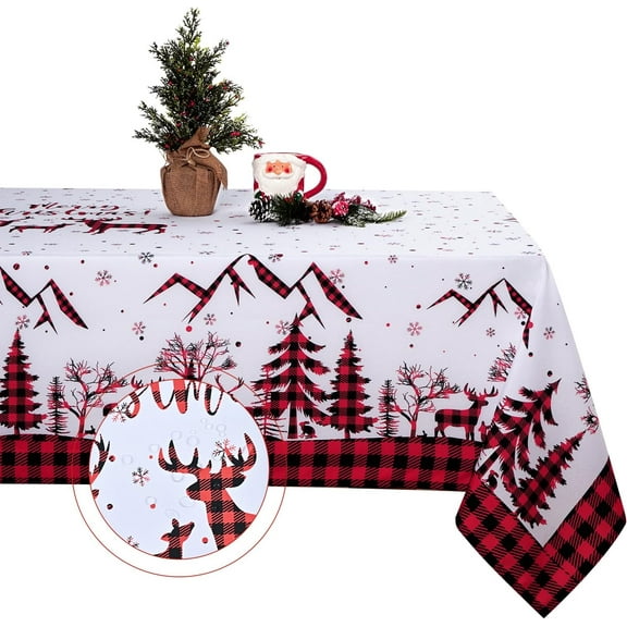 Christmas Tablecloth, Elk Snowflake Merry Christmas Table Cloth, Red Black Buffalo Plaid Xmas Waterproof Tablecloths, Spill-Proof Table Cover for Dining Winter Party & Holidays, Rectangle, 60" x 84"