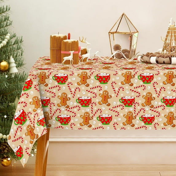 Christmas Tablecloth Gingerbread Man Candy Cane Fabric Table Cloth Xmas Table Cover for Picnic Home Kitchen Party Dining Tables Decor, 60 x 102 in