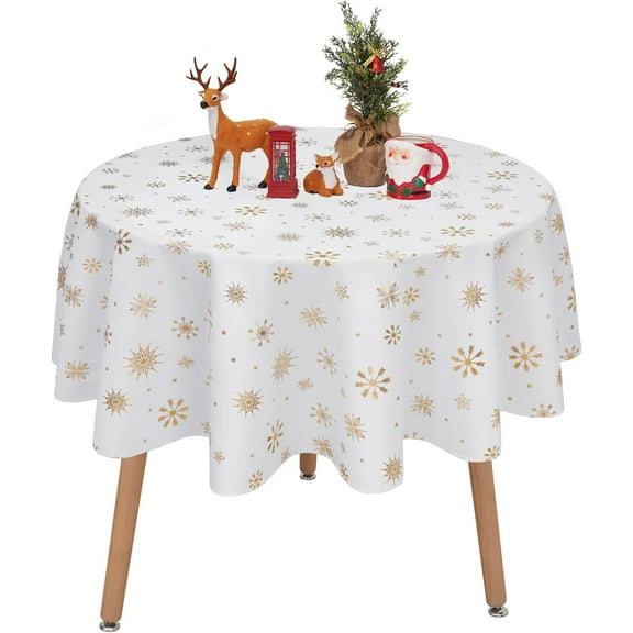 Christmas Tablecloth, Gold Snowflake Christmas Table Cloth for Winter, Christmas Tablecloths, Waterproof Spill-Proof Table Cover for Table, Kitchen, Dining, Holiday, 60 Inch Round, White