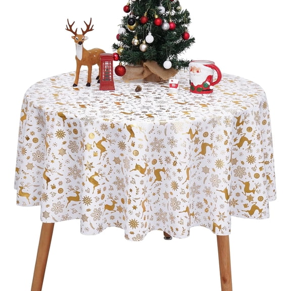 Christmas Tablecloth, Gold Snowflake Christmas Table Cloth for Winter, Elk Christmas Tablecloths, Waterproof Xmas Table Cover for Table, Kitchen, Dining, Holiday, Round 60 inch