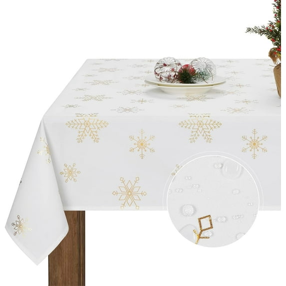 Christmas Tablecloth, Gold Snowflake Table Cloth, Xmas Sparkling Metallic Tablecloths for Dining Kitchen Winter Holiday, Waterproof Table Cover for Party Home Decor, Rectangle 60 x 120 inch