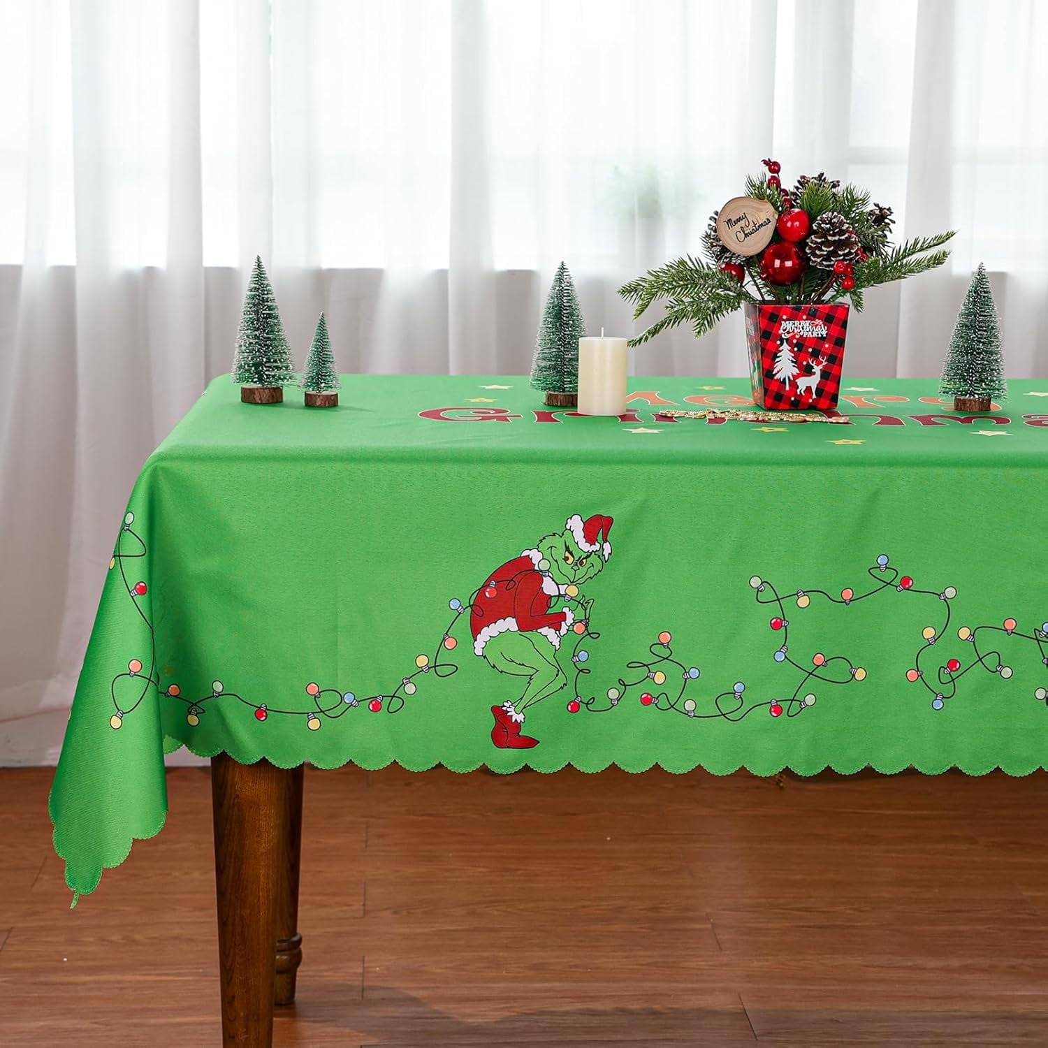 Christmas Tablecloth, Grinchs Grinchmas Decorations for Home Winter Holiday Green Party, 60 x 84 inch, Polyester