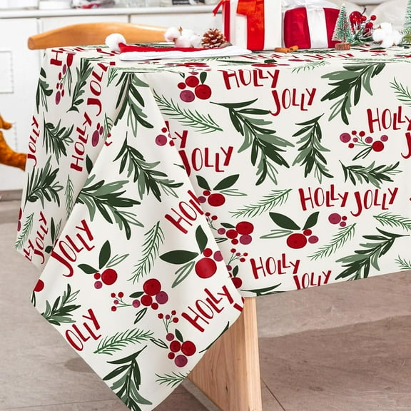Christmas Tablecloth Holly Jolly Rectangle Table Cloth Washable Holly Berry with Leaves Table Cover for Xmas Holiday Party Picnic Dinning Table Decor, 60 x 102 Inch