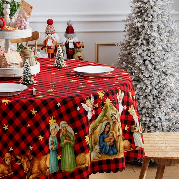 Christmas Tablecloth, Holy Nativity Red Buffalo Plaid Tablecloth, Christmas Tableware Home Decor, 60 inch Diameter Round, Polyester