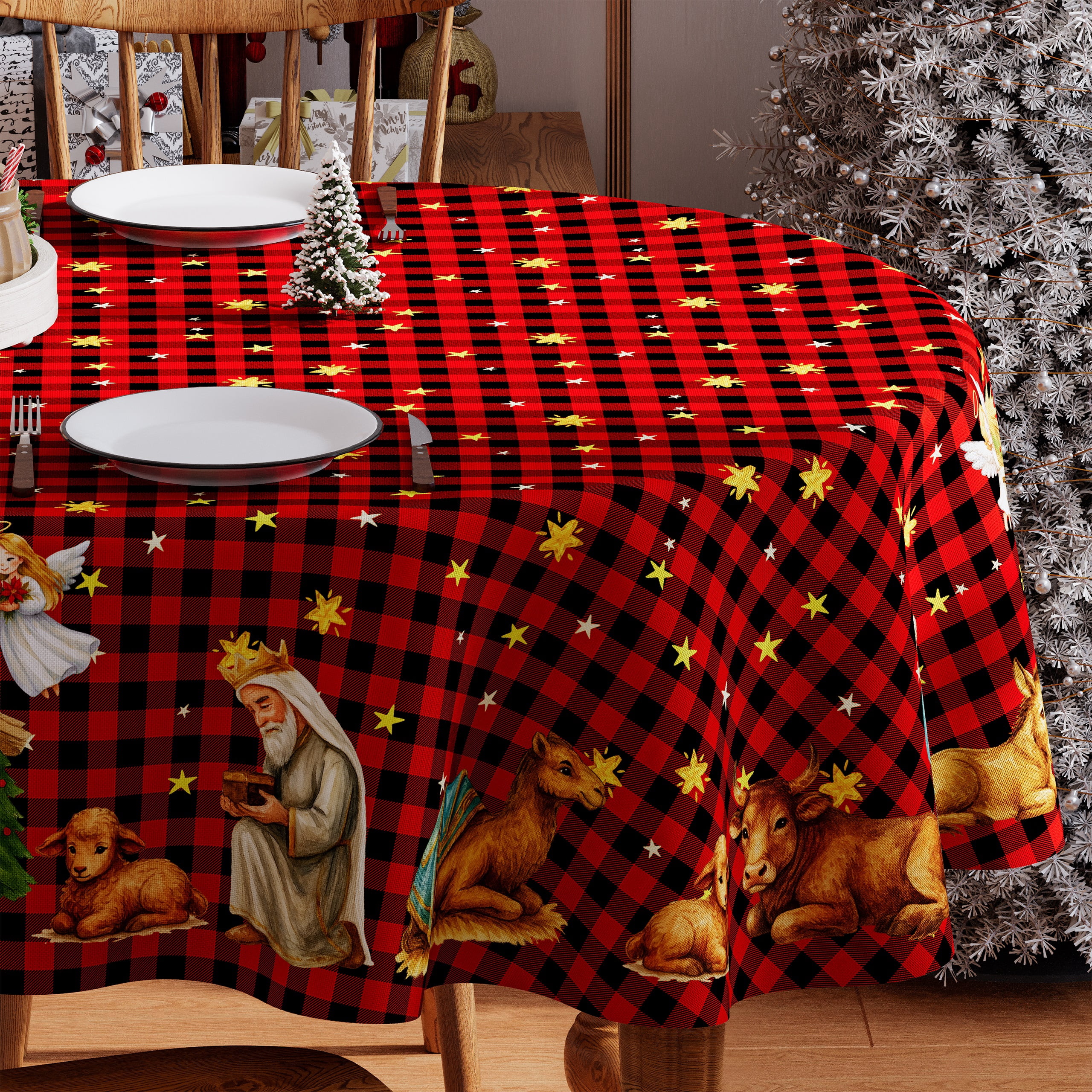 Christmas Tablecloth, Holy Nativity Red Buffalo Plaid Tablecloth, Christmas Tableware Home Decor, 60 x 84 inch Oval, Polyester