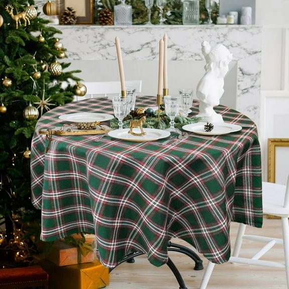 Christmas Tablecloth Indoor Festive Xmas Fabric Table Decor Cover Shiny Metallic Yarn, Gingham Plaid, Green, Round 60 in