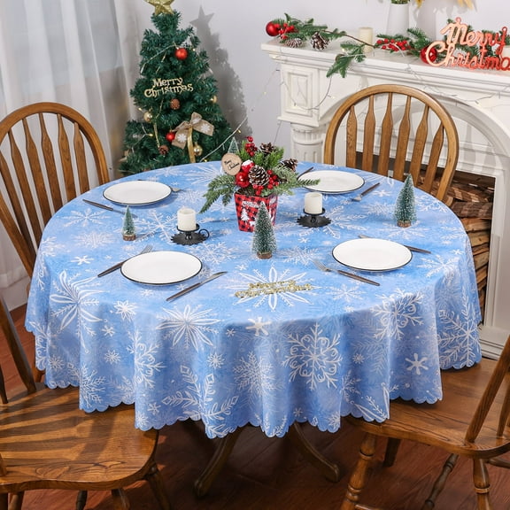 Christmas Winter Tablecloth, Light Blue Snowflakes Winter Tablecloth, Christmas Tableware Home Decor, 70 inch Diameter Round, Polyester