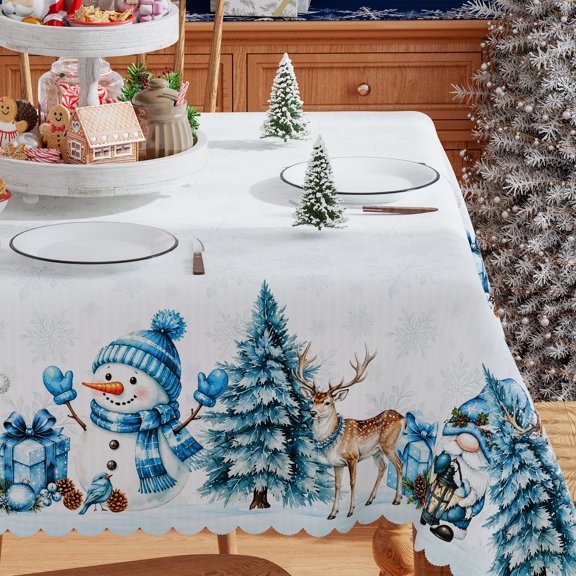 Christmas Tablecloth, Merry Christmas Tree Tablecloth, Blue Snowman Christmas Tableware Home Decor, 60 x 60 inch, Polyester