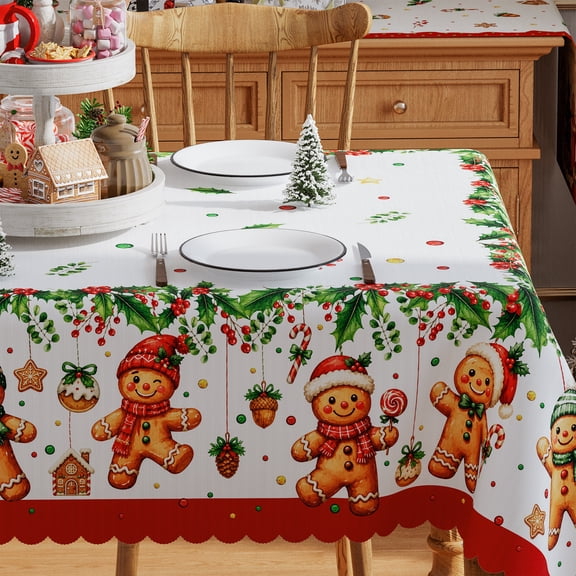 Christmas Tablecloth, Merry Christmas Tree Tablecloth, Gingerbread Man Christmas Tableware Home Decor, 52 x 70 inch, Polyester