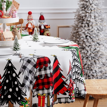 Christmas Tablecloth, Merry Christmas Tree Tablecloth, Red Black Buffalo Plaid Christmas Tableware Home Decor, 60 inch Diameter Round, Polyester