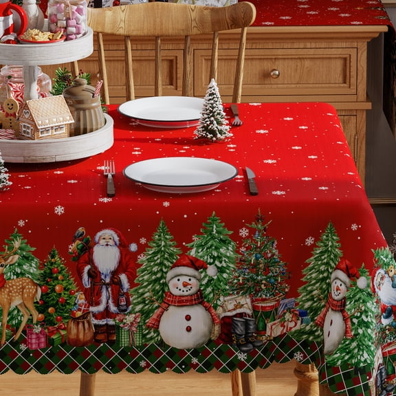 Christmas Tablecloth, Merry Christmas Tree Tablecloth, Red Santa Snowman Christmas Tableware Home Decor, 60 x 84 inch, Polyester