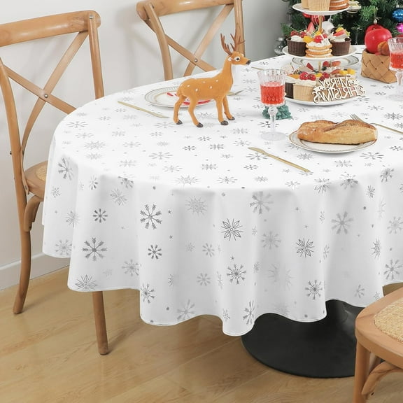 Christmas Tablecloth Oval 60 X 84 Inch, Silver Snowflake Christmas Table Cloth for Winter, Christmas Tablecloths, Waterproof Spill-Proof Table Cover for Table, Kitchen, Dining, Holiday, White