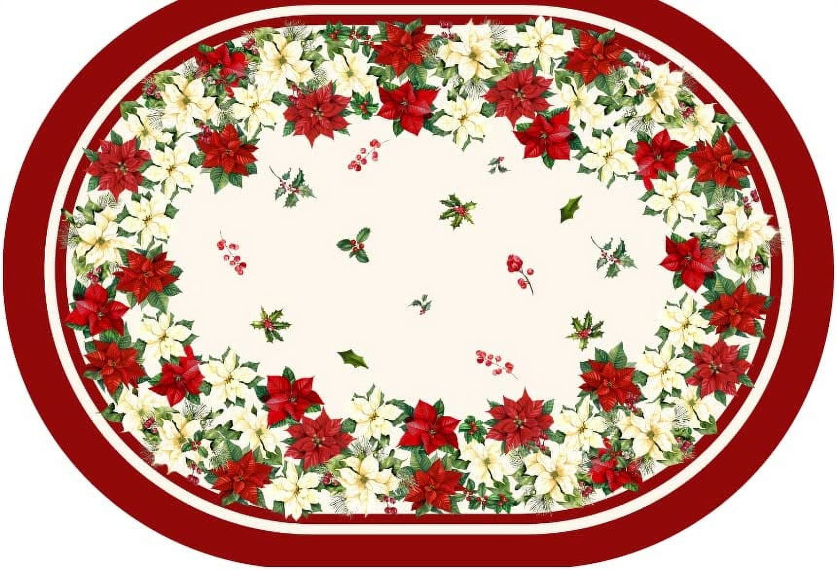 Christmas Tablecloth Oval 60x84inch, Christmas Themed Poinsettia Holly