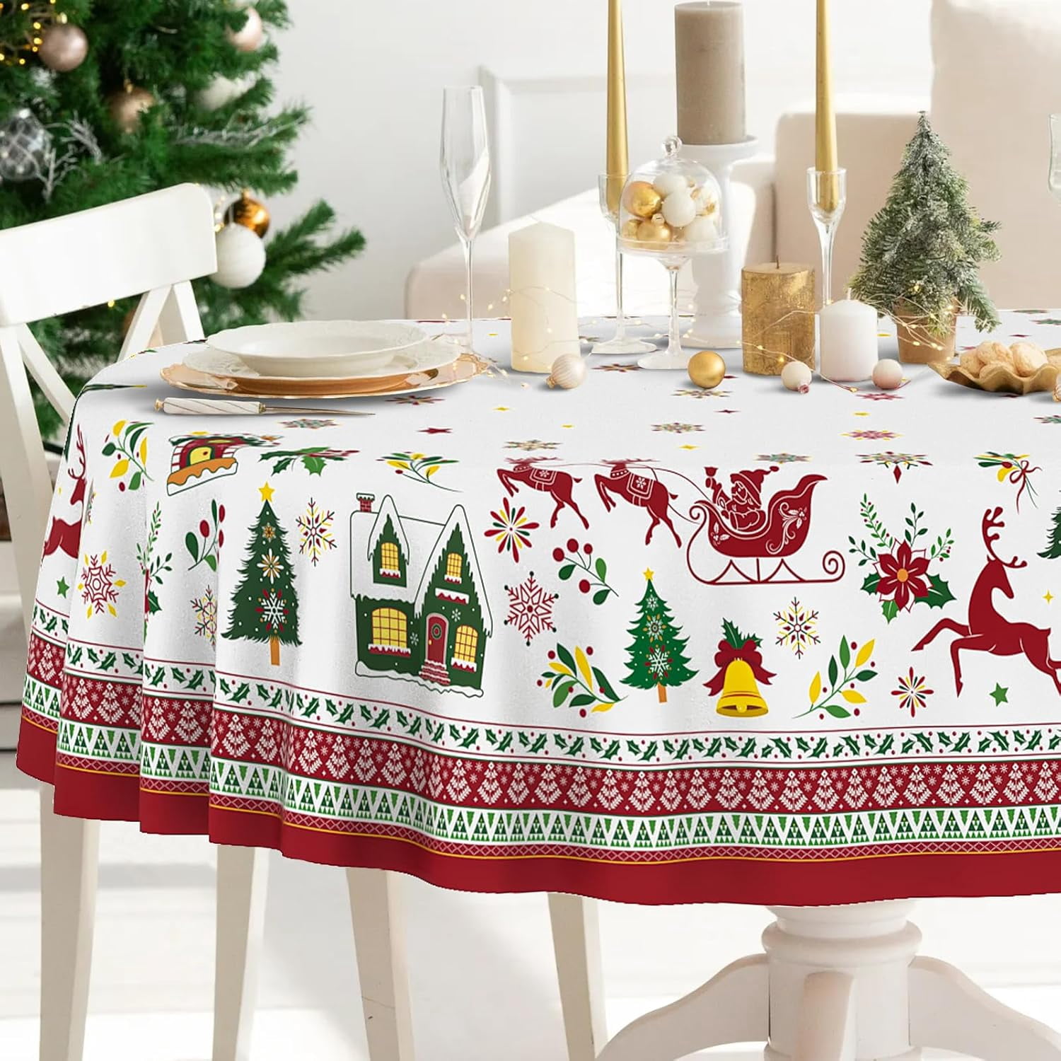 Christmas Tablecloth Oval Table Cloth 54 x 72 Table Cover Waterproof Fabric Tablecloths for Xmas Holiday Party Dinner Decor, Red and White