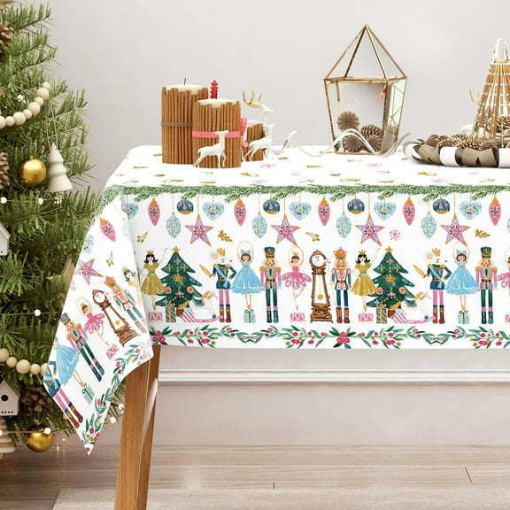 Christmas Tablecloth Pink Watercolor Nutcracker Fabric Table Cloth Washable Table Cover for Picnic Dinner Table Home Kitchen Xmas Party Decor, 60 x 102 Inch