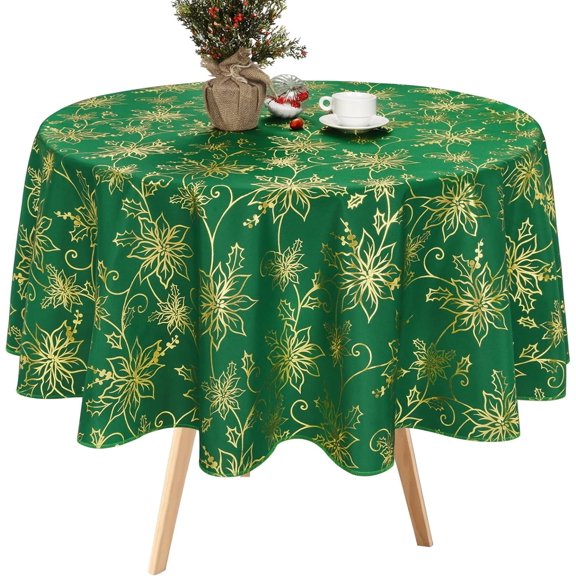 Christmas Tablecloth, Poinsettia Christmas Table Cloth for Winter, Green Christmas Tablecloths, Christmas Decorative Table Cover for Table, Kitchen, Dining, Holiday, 60 inch Round