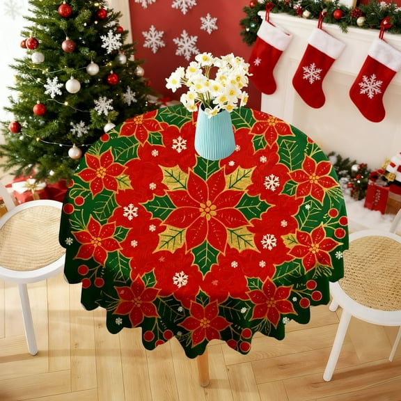 Christmas Tablecloth - Polyester Decorative Table Cover for Holiday Dining - Wrinkle-Resistant, Stain-Resistant, Machine and Hand Washable, Versatile for Tabletops, Desks, and Sideboards
