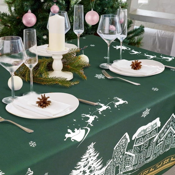 Christmas Tablecloth Rectangle 60" x 84" - Green Christmas Tree Santa Snowm Christmas Table Cloth Decorations Table Cover for Home Kitchen Dinning Party