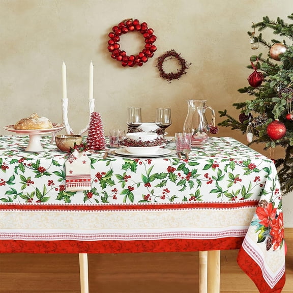 Christmas Tablecloth Rectangle 60" x 84" - Printed Holly Berries & Poinsettia Washable Polyester Christmas Table Cloth for Home Kitchen Xmas Holiday Dinning Party Table Decor