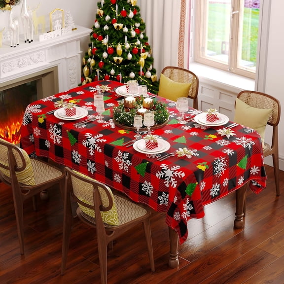 Christmas Tablecloth Rectangle 60x120 Inch, Red Buffalo Plaid with Snowflakes Design, Winter Holiday Spillproof Rectangular Table Cover, Xmas Table Cloth for Kitchen, Home Decorations