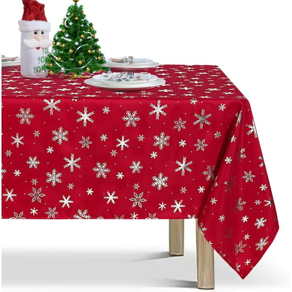 Christmas Tablecloth Rectangle - 60x120 inch Snowflakes Foil Print Pattern Washable Wrinkle Resistant Holiday Tablecloths for Christmas Family Gathering, Dining Room Table 130GSM