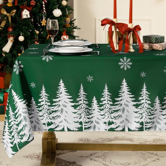 Christmas Tablecloth Rectangle 60x84 Inch, Winter Xmas Trees Green Table Cloth, Stain Resistant Farmhouse Fabric Table Cover for Holiday, Dinner, Party